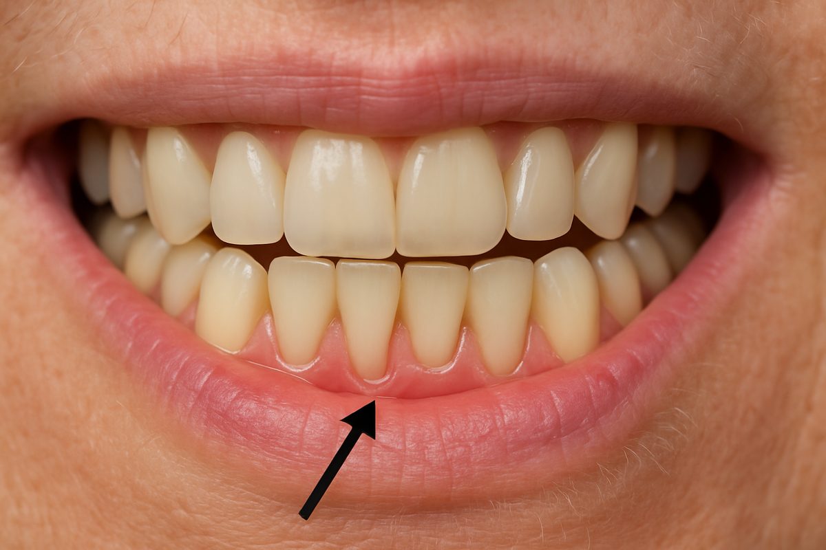 Close-up of a patient's mouth showing receding gums around the lower teeth, with an arrow pointing to the area of recession. No text on the image.