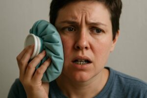 Close up shot of a person post dental implant surgery, holding an ice pack to their cheek, with a concerned expression. No text on image.