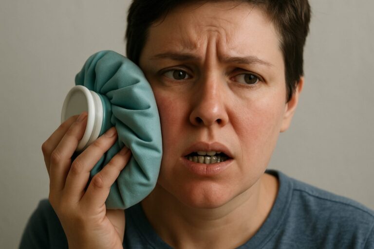 Close up shot of a person post dental implant surgery, holding an ice pack to their cheek, with a concerned expression. No text on image.