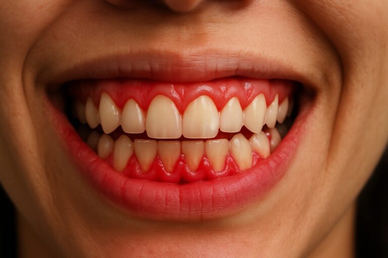 Photo examining a patient's gums, highlighting redness and swelling indicative of gingivitis.