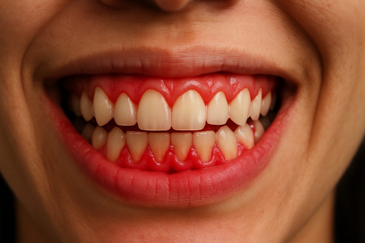 Photo examining a patient's gums, highlighting redness and swelling indicative of gingivitis.