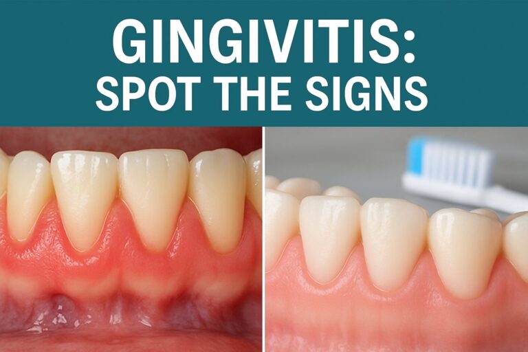 Photo of inflamed gums next to healthy gums, with a toothbrush in the background. The text on the image says "Gingivitis: Spot the Signs".