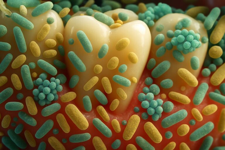 Close up microscopic view of bacteria on and around the teeth and gums, highlighting the different types of bacteria present in the mouth. No text on image.