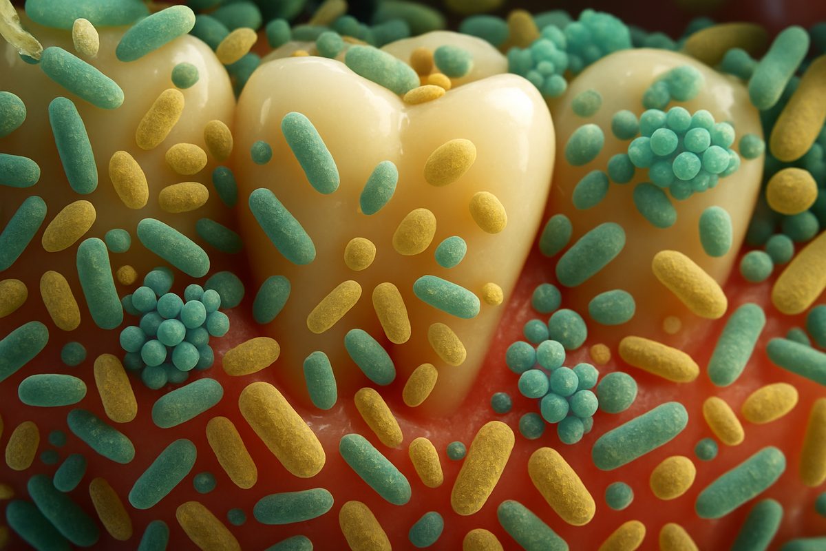 Close up microscopic view of bacteria on and around the teeth and gums, highlighting the different types of bacteria present in the mouth. No text on image.