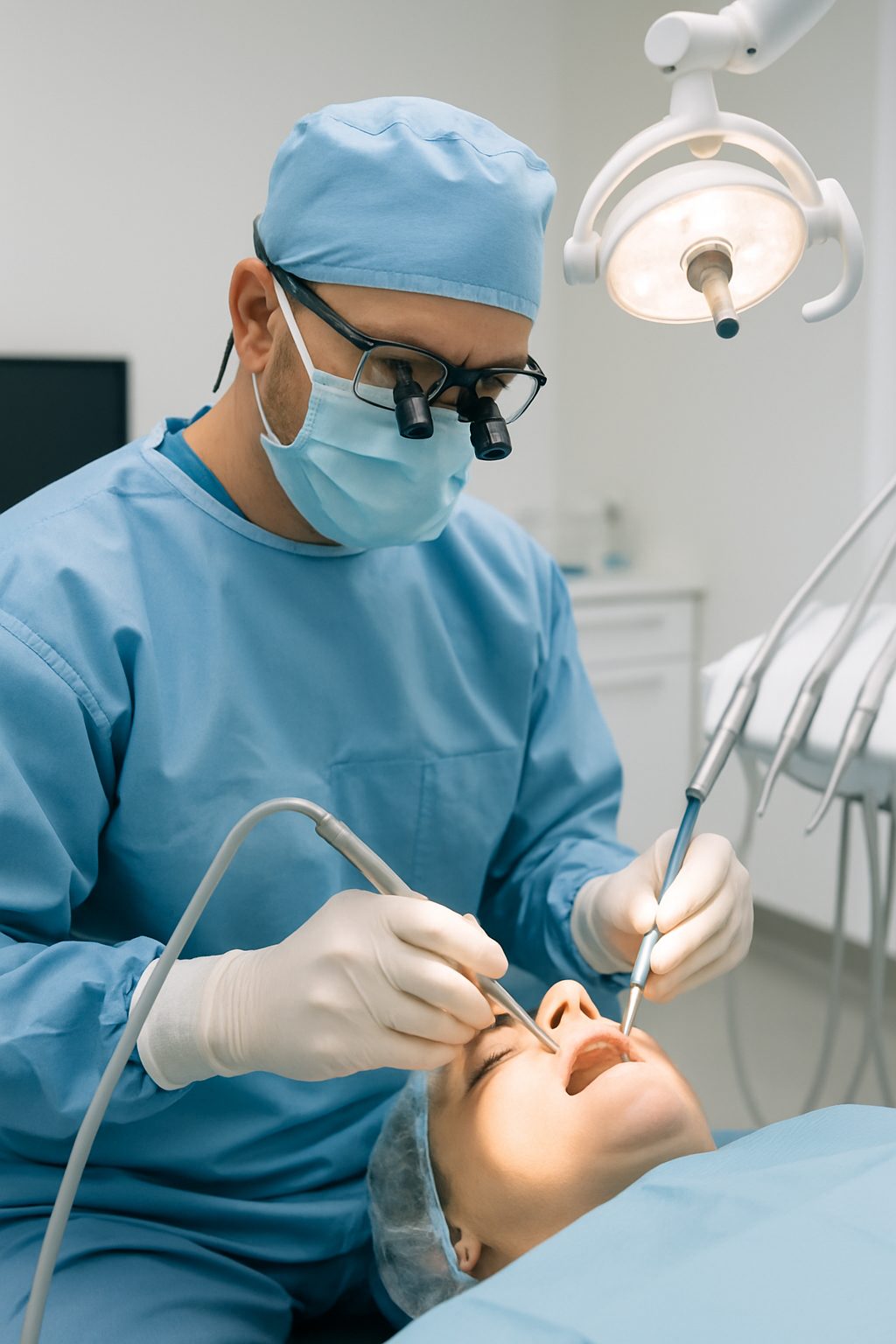 An image of a dentist in surgical scrubs performing a dental implant procedure on a patient, using sterile instruments and guided surgery technology. No text on image.