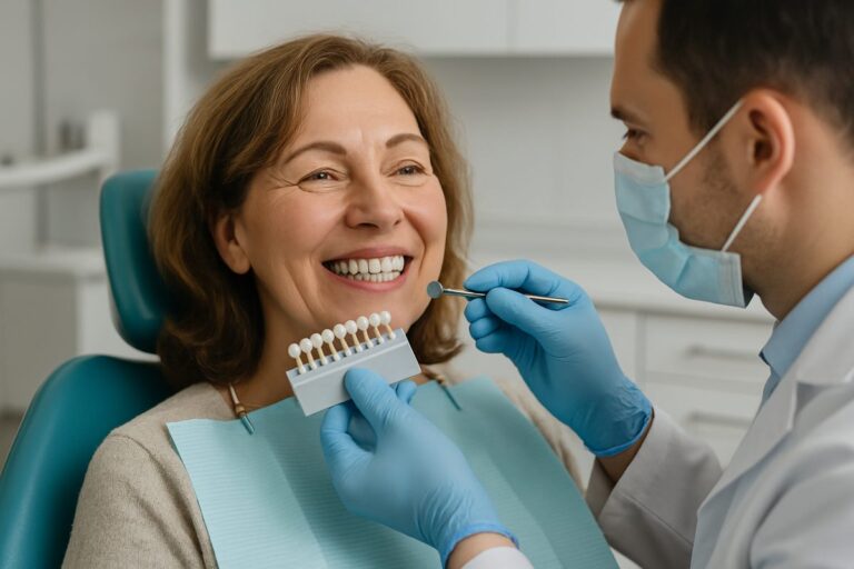 Image of a smiling middle-aged woman with dental implants being fitted for her new smile in a modern dental office, with the dentist visible. No text on the image.