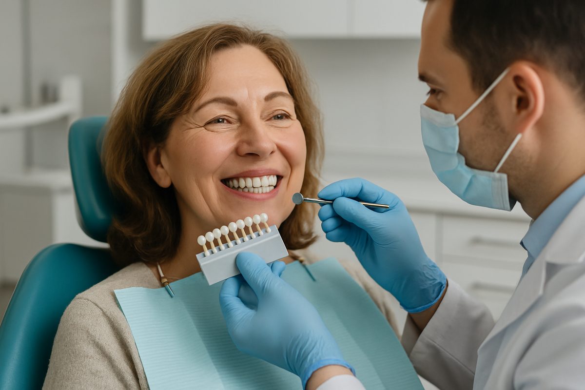 Image of a smiling middle-aged woman with dental implants being fitted for her new smile in a modern dental office, with the dentist visible. No text on the image.