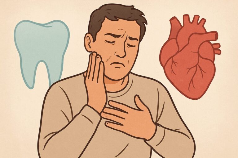 A concerned patient holds their jaw with one hand, and their chest with the other. The background subtly shows a tooth on one side, and a heart on the other. No text on image.