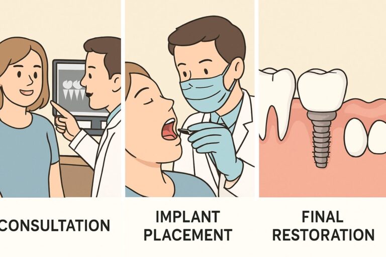 A step by step guide of a patient receiving a dental implant, with each step of the process clearly labeled. The labels should read "Consultation", "Implant Placement", and "Final Restoration". No other text on the image.