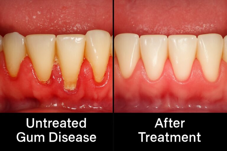 Photo of a split image: One side shows inflamed gums with visible plaque and tartar buildup, labeled "Untreated Gum Disease." The other side displays healthy gums after scaling and root planing, labeled "After Treatment".