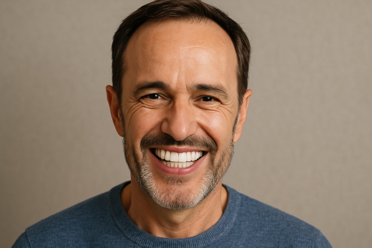 Photo of a man smiling confidently after receiving dental implants, showcasing natural-looking teeth. No text on image.